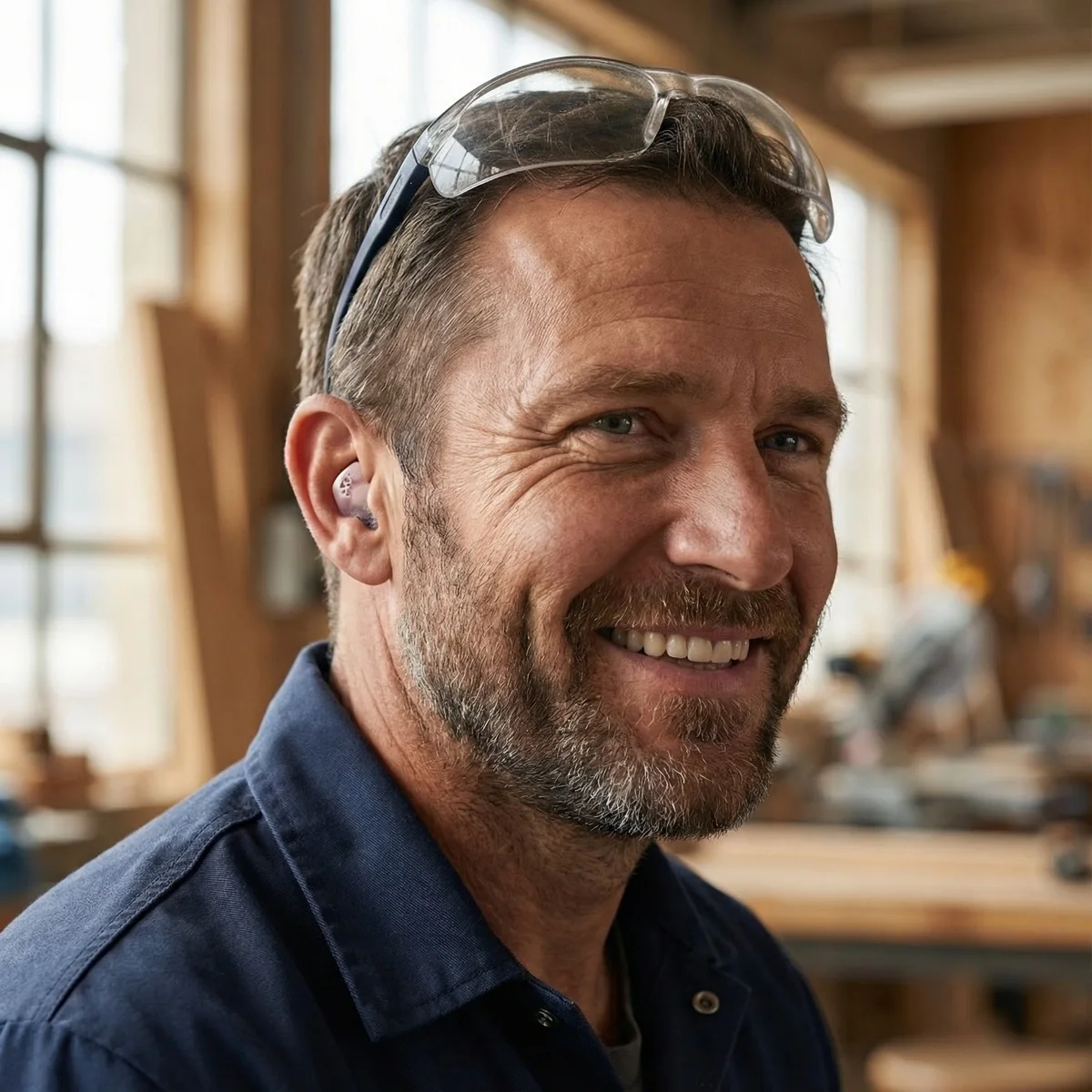 Handwerker mit maßgefertigtem Gehörschutz bei der Arbeit